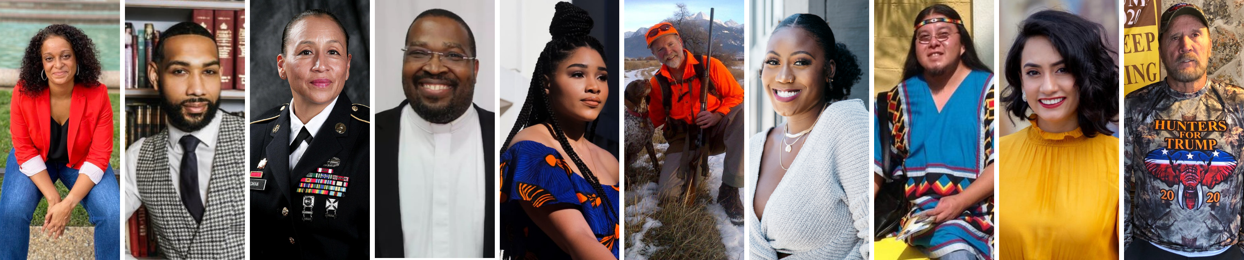 A vertical collage of headshots arranged from left to right: Danielle Pilar Clealand, Dyjuan Tatro, Mitchelene BigMan, Franklin Ruff, Kayla Smith, Jock Conyngham, Keisha Credit, Houston Cypress, Katherine Narvaez Mena, Ben Barto.
