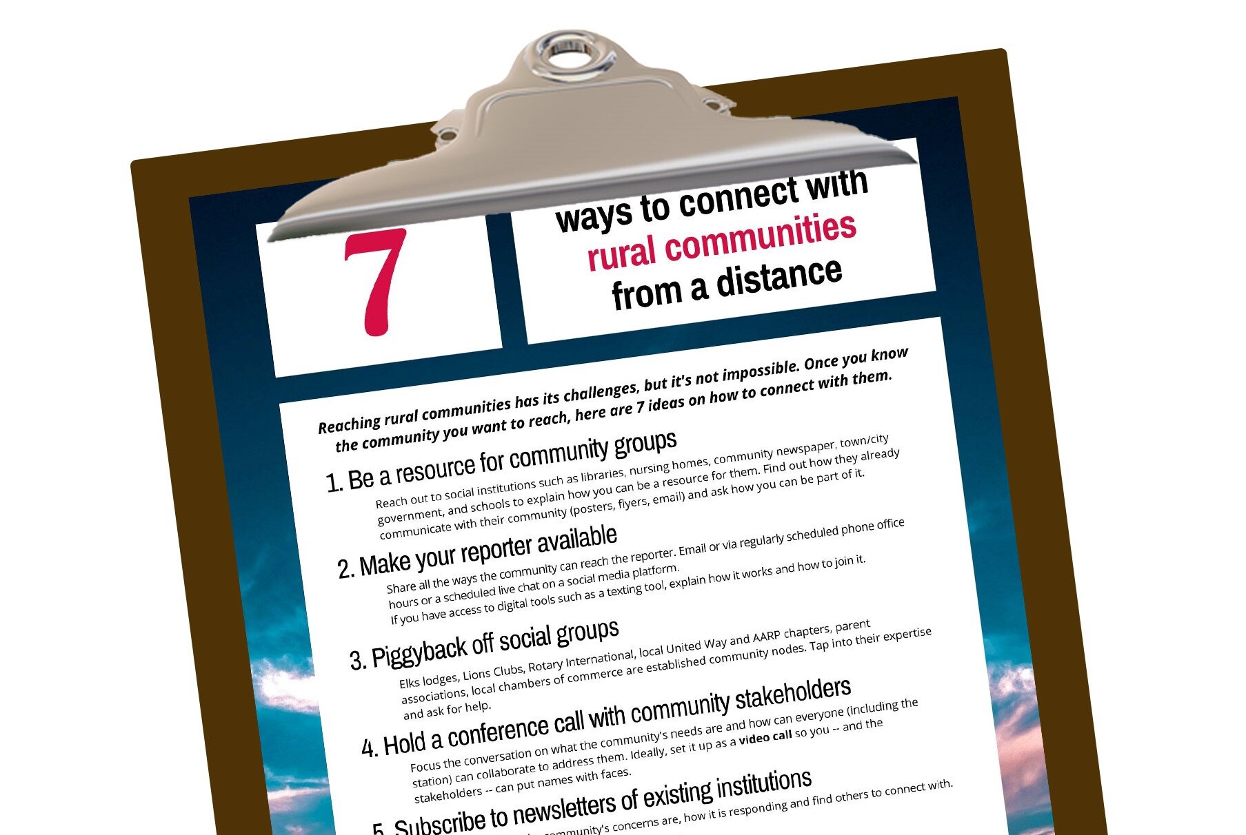 An image of a clipboard with a list entitled "7 ways to connect with rural communities from a distance."