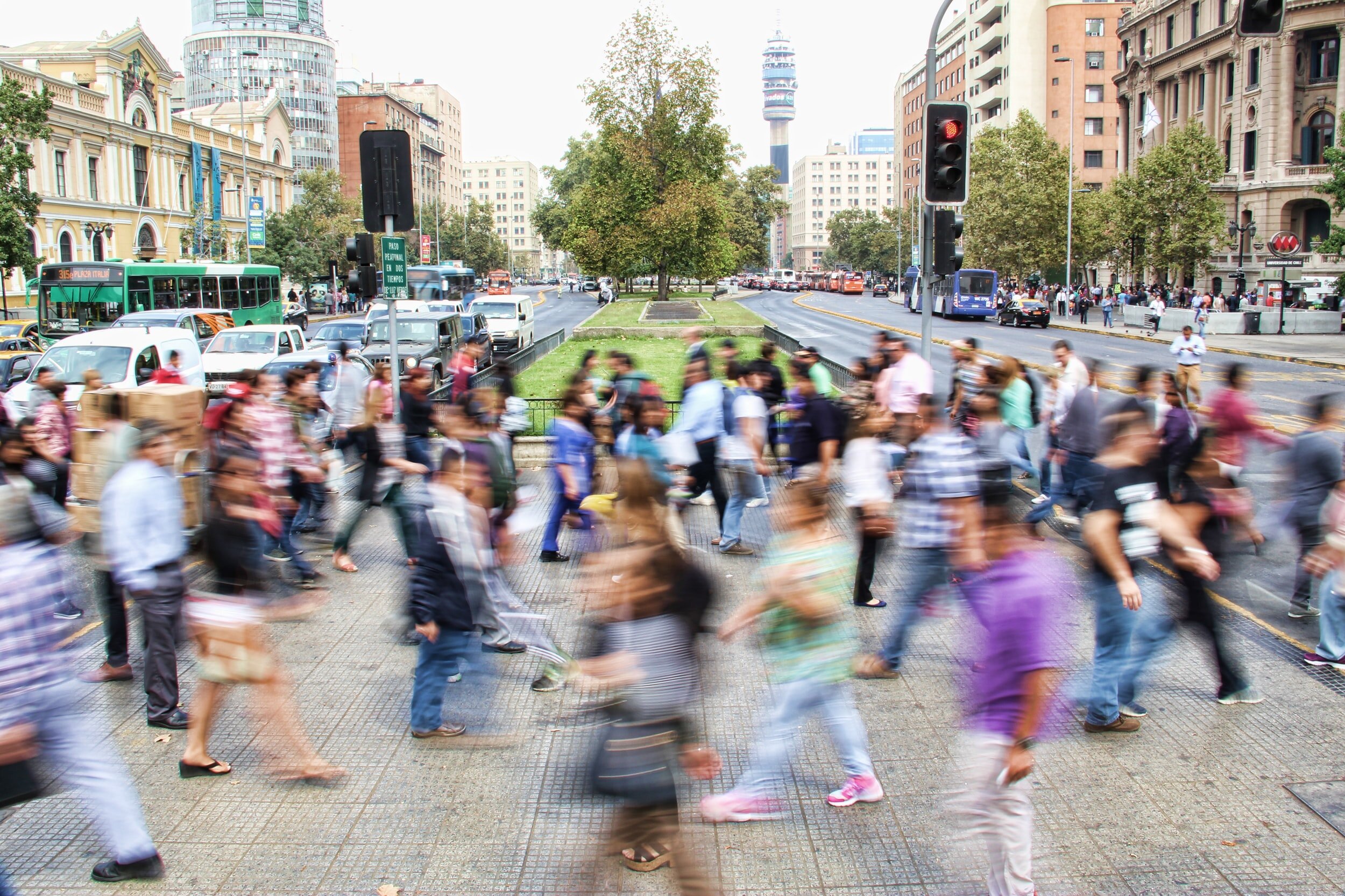 Blur photo of group of people crossing a boulevard with a tall tree in the middle. In the back, several cars and buses, and buildings.