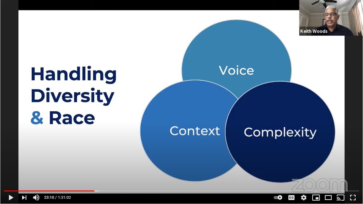 A Zoom print screen showing on the right corner a small screen with a man. The rest of the screen shows a slide that reads: "Handling Diversity & Race" next to three overlapping circles. The upper circle reads Voice and the two bottom circles read Context and Complexity.