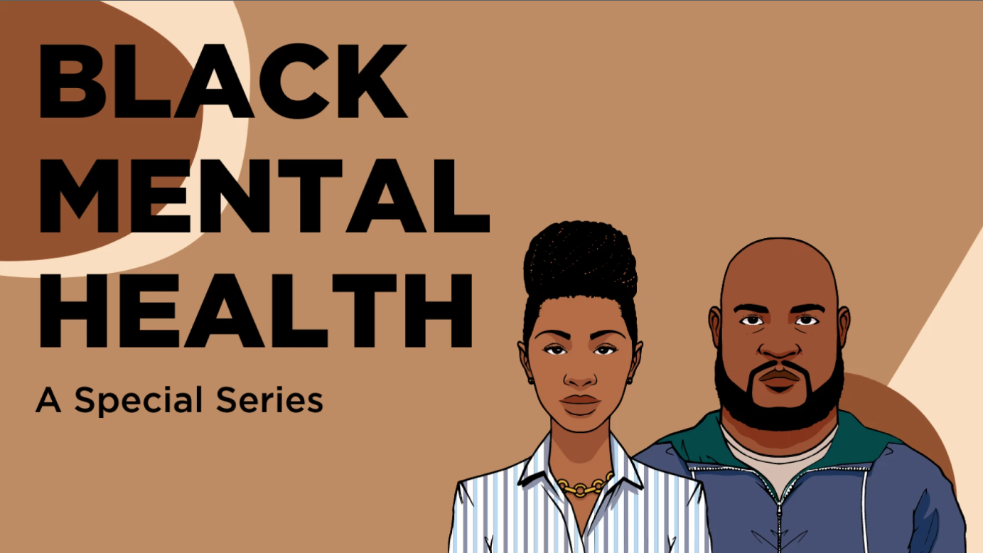 An illustration of a couple next to a sign that reads “Black Mental Health. A Special Series.”