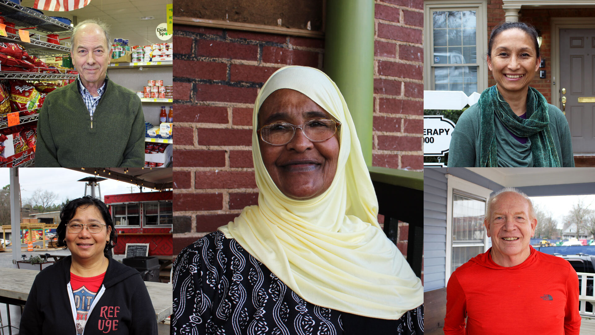 A collage of photos showing the headshots of three women and two man.