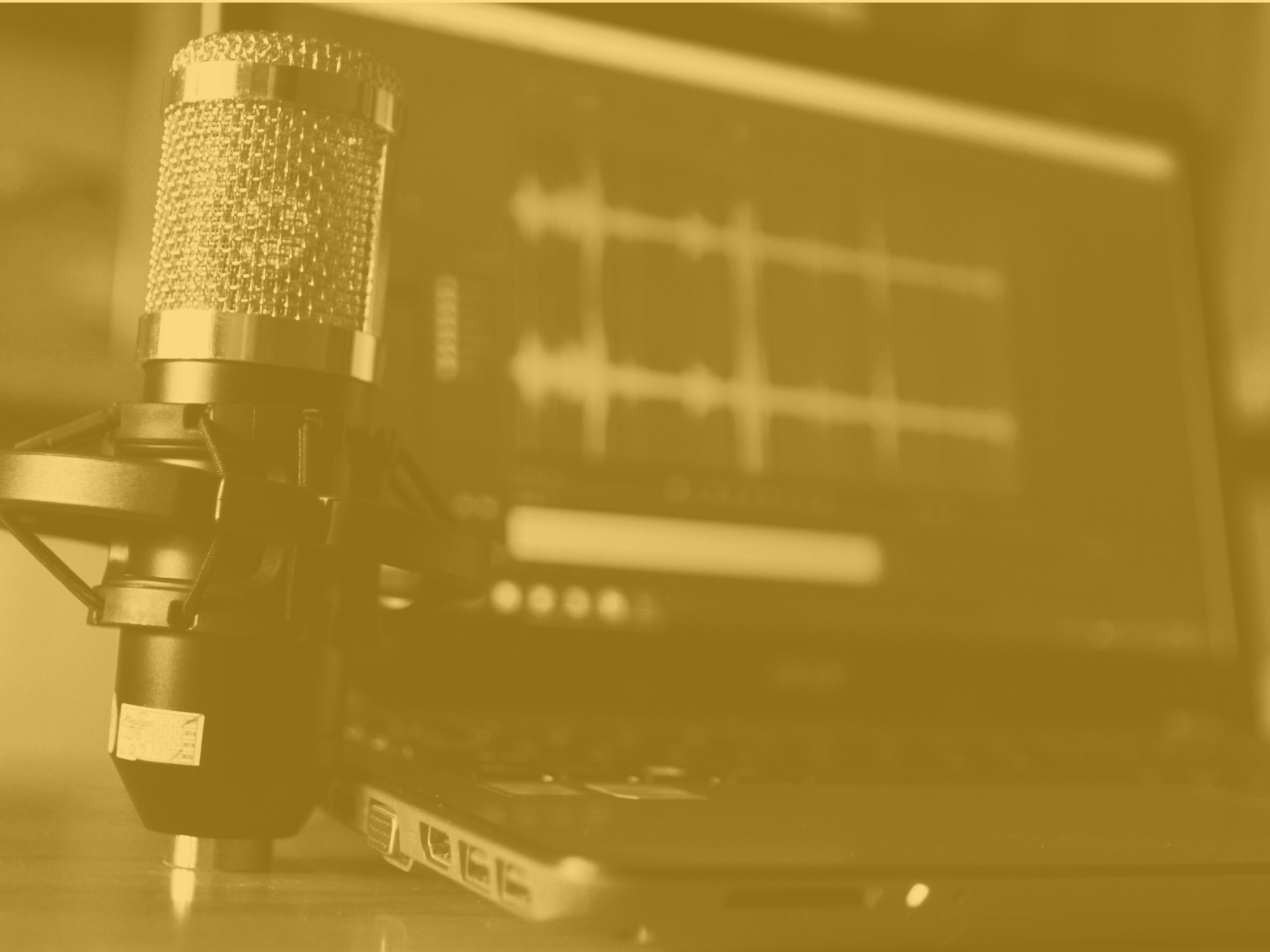 Stock image of a microphone in front of a laptop running audio editing software.