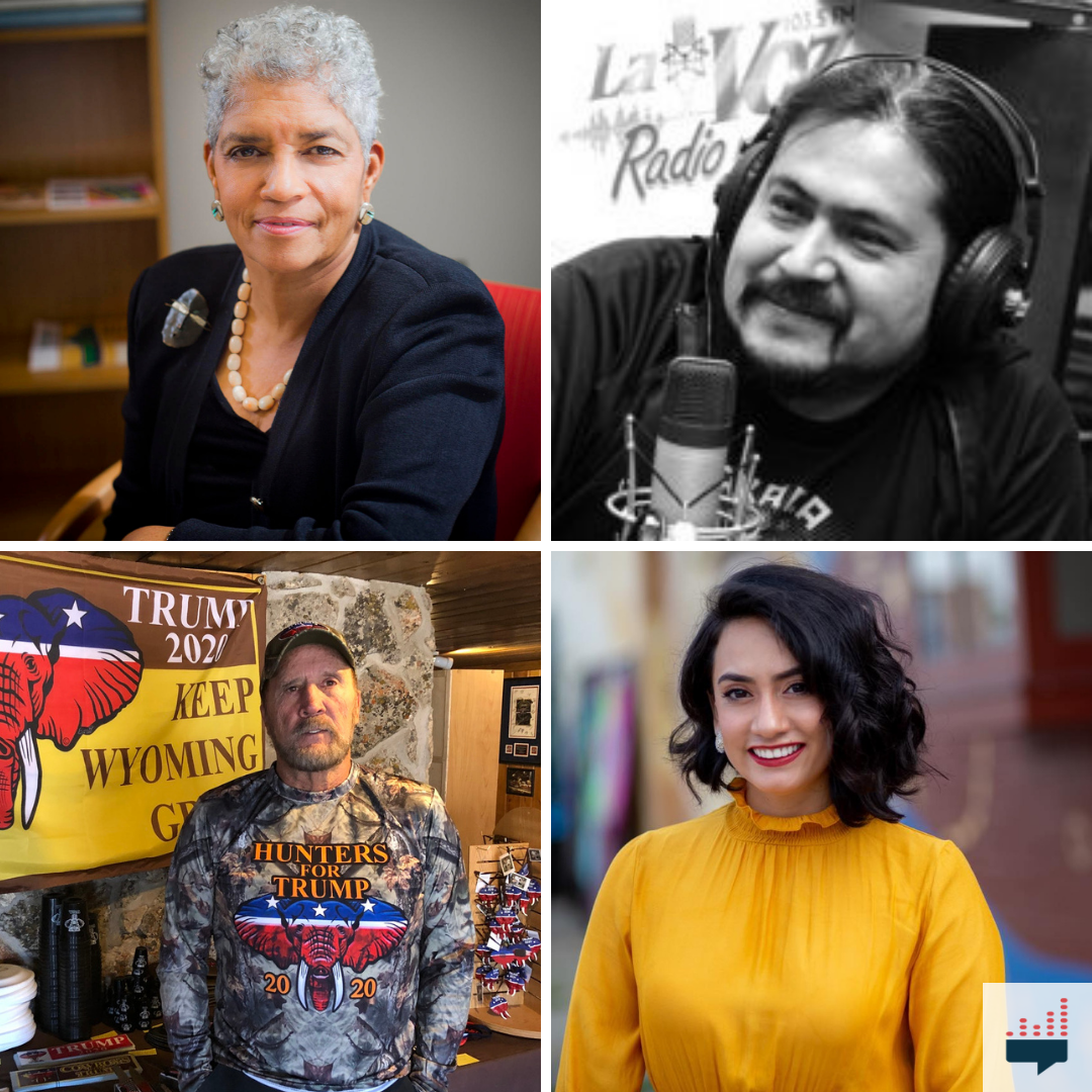 A collage of headshots arranged from left to right, top to bottom: Shirley Franklin, former mayor of Atlanta (2002–2010); Perick Sarmiento, an organizer with Unidad Latina en Acción; Ben Barto, a vendor who sells Donald Trump-related merchandise; and Katherine Narvaez Mena, the first undocumented person to pursue a dual Master of Public Health/MBA at Johns Hopkins University.